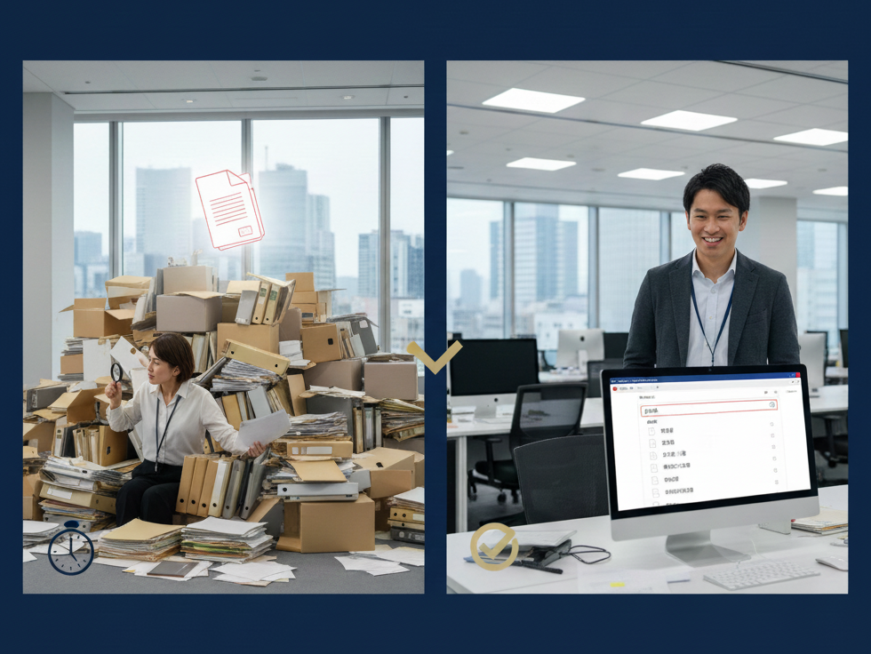 オフィスで大量の紙の資料に埋もれながら書類を探す総務担当者のイメージ図