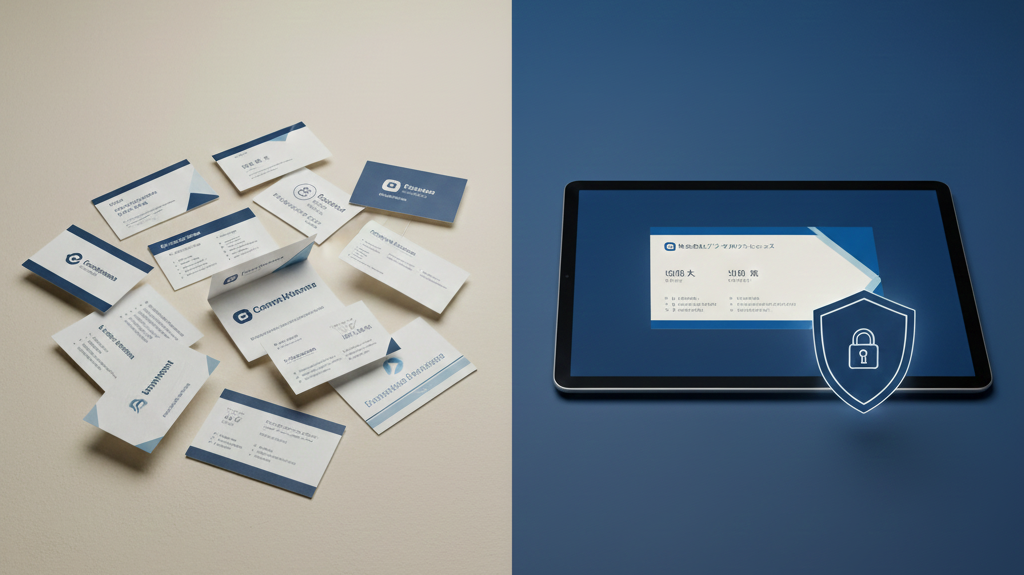 システムによる名刺デザインの自動チェックとガバナンス強化の概念図