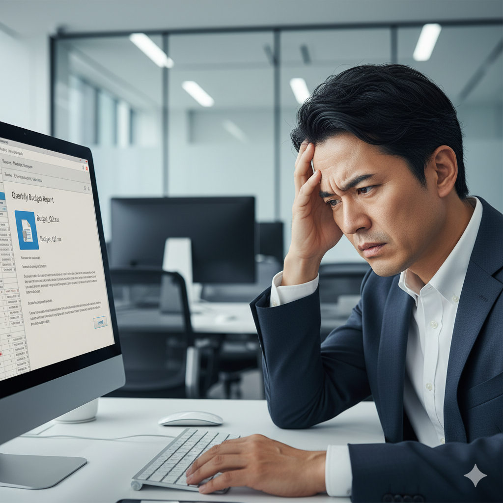 パソコンの前で頭を抱える総務担当者と、メール送信画面のイメージ